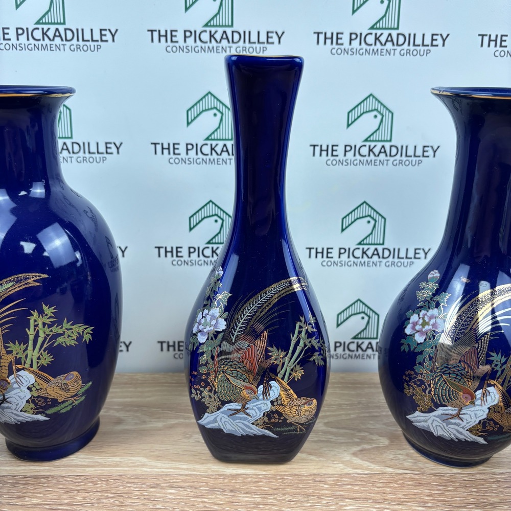 5pc Chinese Cobalt Blue Porcelain Set Vases Bell Bowl Gilt Bird Crane Pheasant - Picture 4 of 13